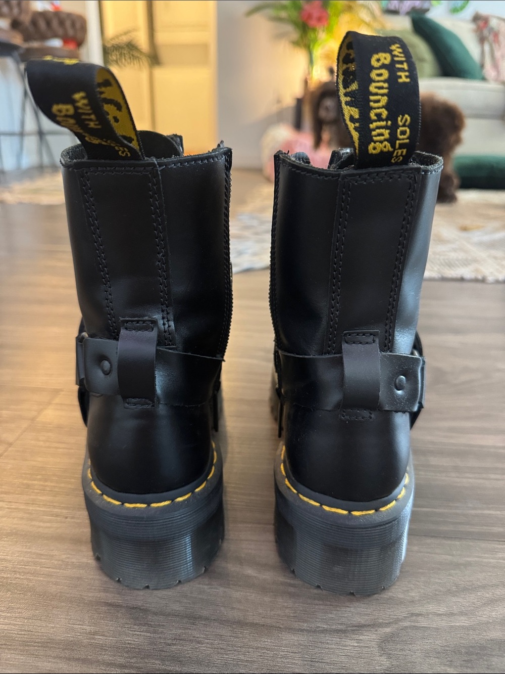 Dr. Martens Black Leather Platform Combat Boots with Yellow Stitching - Picture 5 of 7